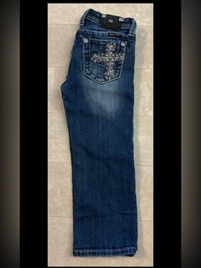 Miss Me Kids Jeans Capri Embellished Cross Pockets Blue Denim Girls Size 14